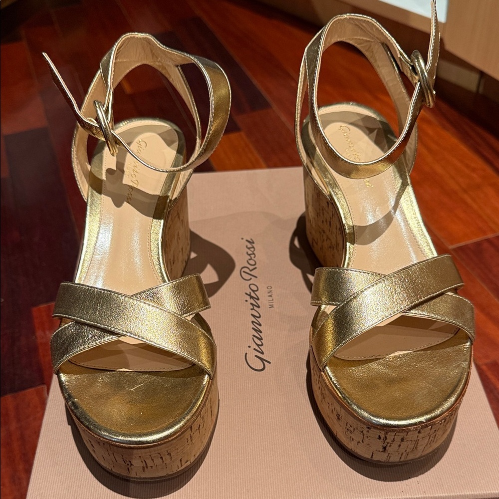Gianvito Rossi Metallic Gold Cork Platform Wedges